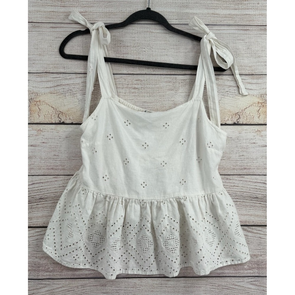 Madewell Eyelet Peplum Tank Top Womens Large White Tie Shoulder Smocked - Picture 1 of 8